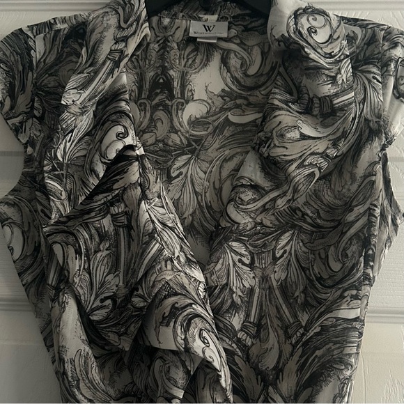 Worthington Ruffled Button Down Black/White Patterned Blouse w/ Waist Tie, Small - Picture 4 of 6